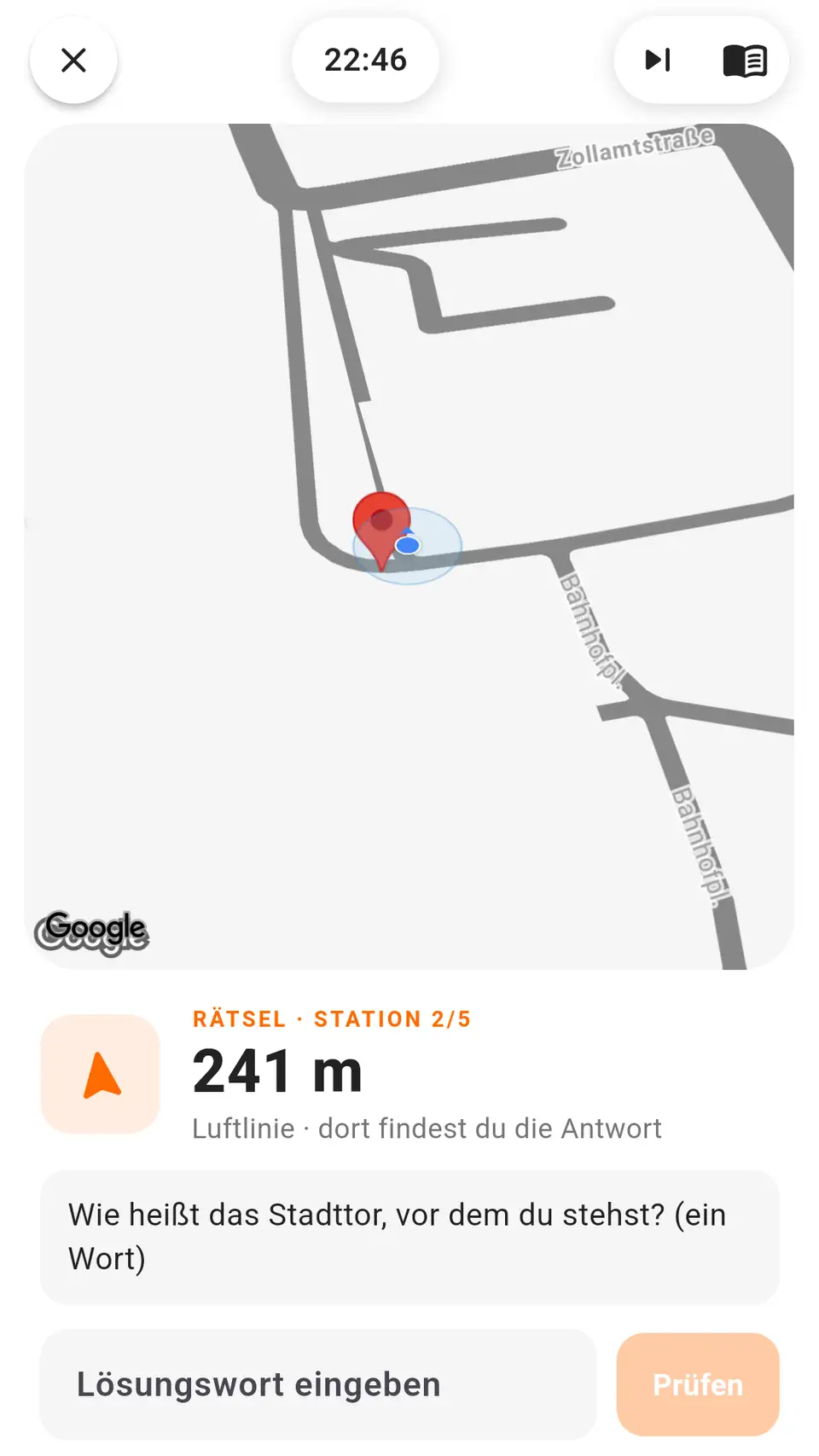 CHRONICLE GO displays a puzzle station on a map with distance and an answer field.