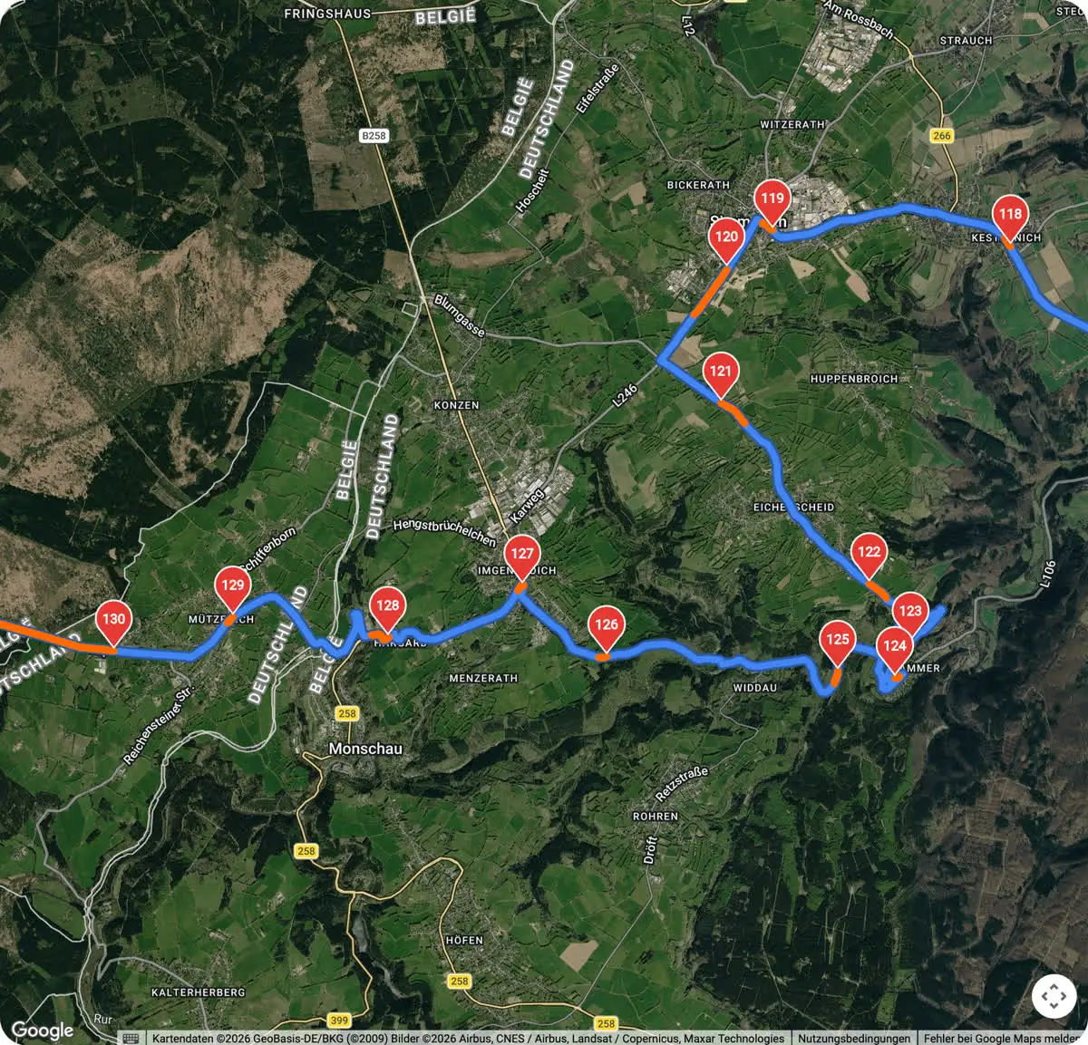 Satellite map near Monschau on the German-Belgian border with a blue route, numbered points and orange sections.