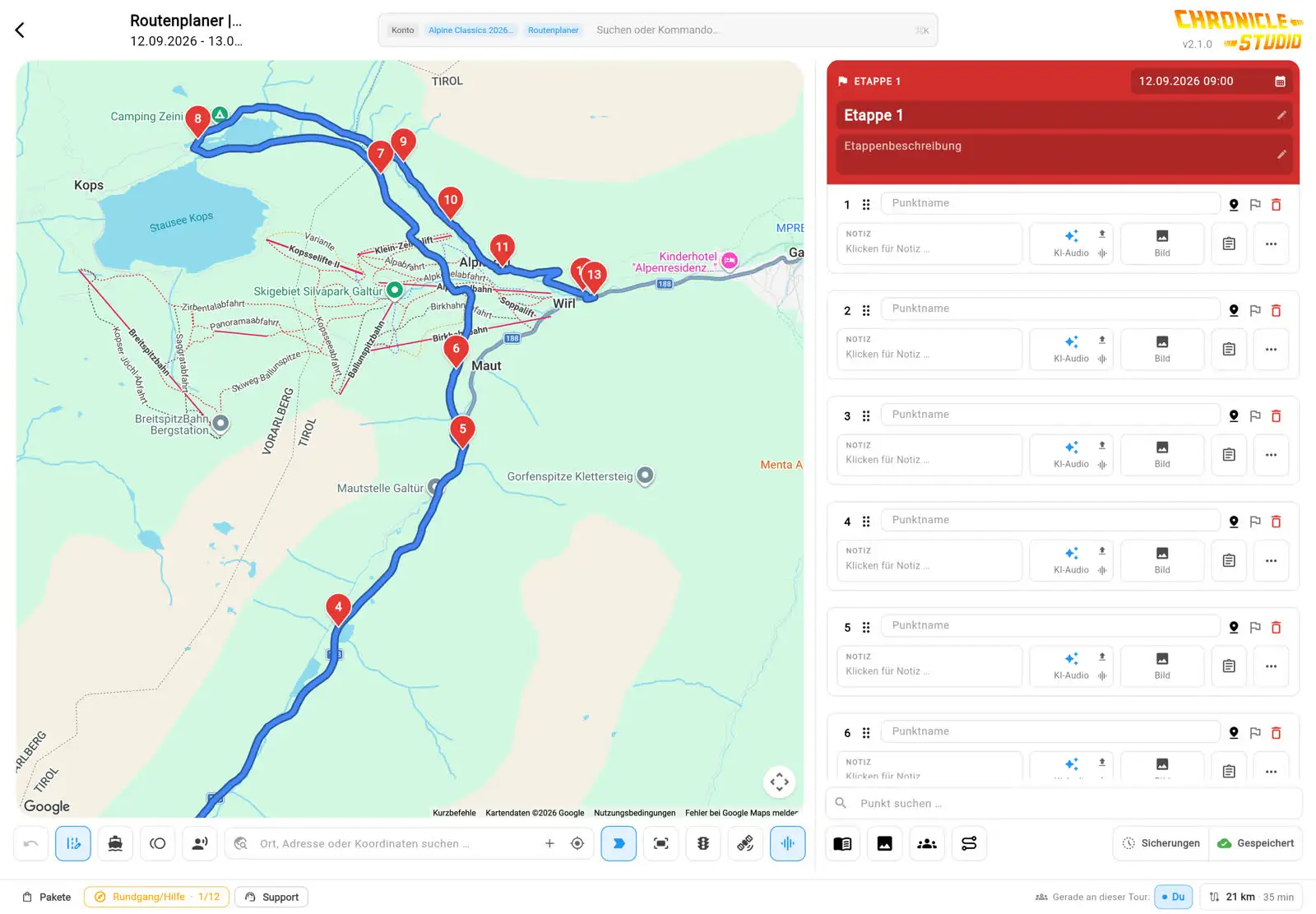 CHRONICLE STUDIO route planner: a map with thirteen numbered points along a route in the Alps and the point list with AI audio and image per point.