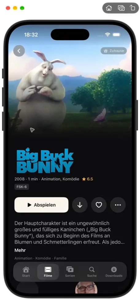 Mira iOS detail page for Big Buck Bunny with playback action and metadata.