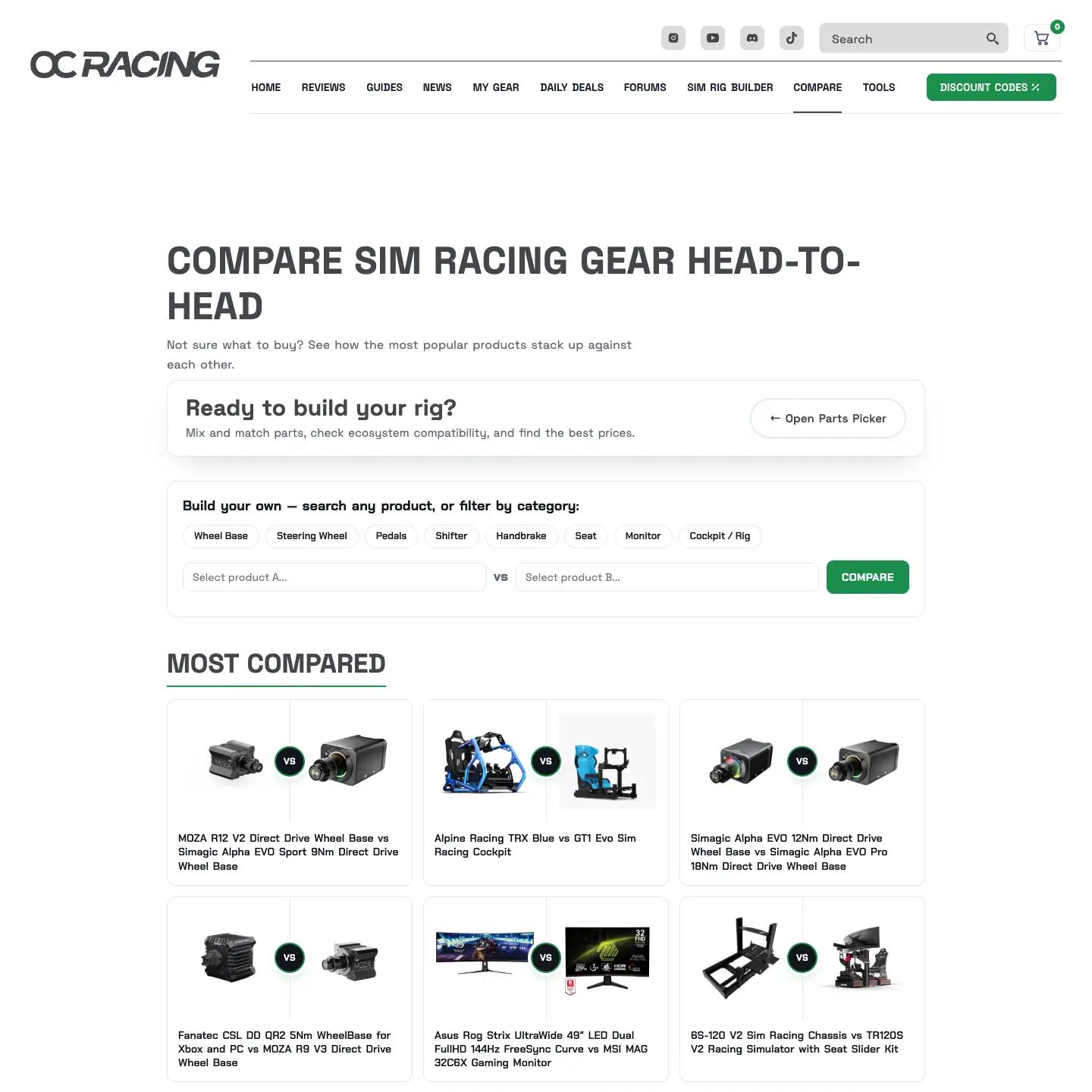 The comparison page with a picker for two products by category and the most compared pairs.