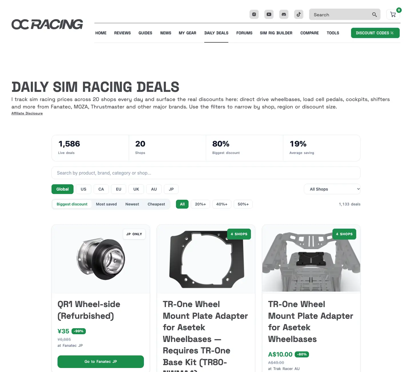 The daily deals page with figures on deals and shops, filters by region and discount, and deal cards with prices from several shops.