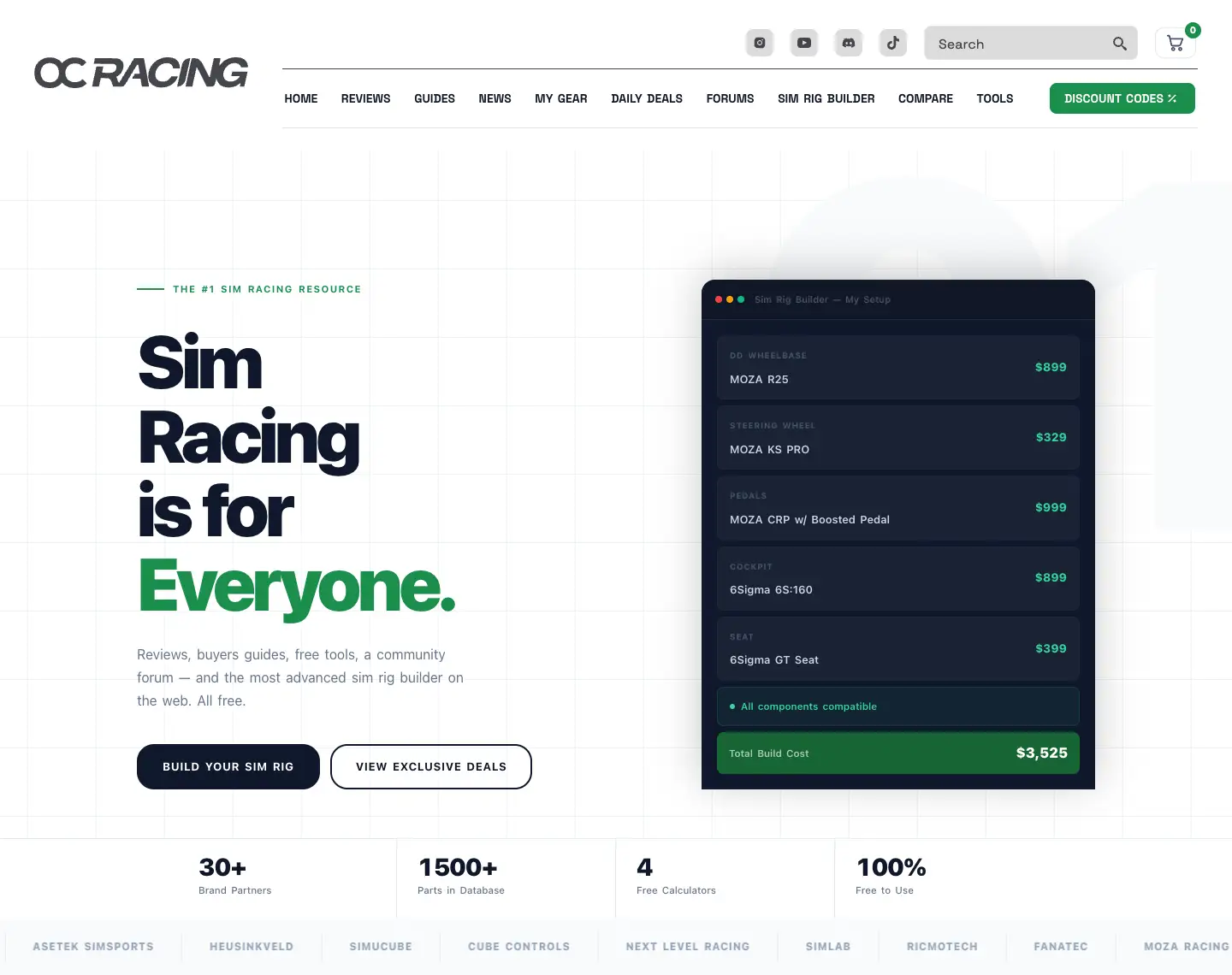 The ocracing.com homepage with the line “Sim Racing is for Everyone.”, a sample build and figures on partners and products.