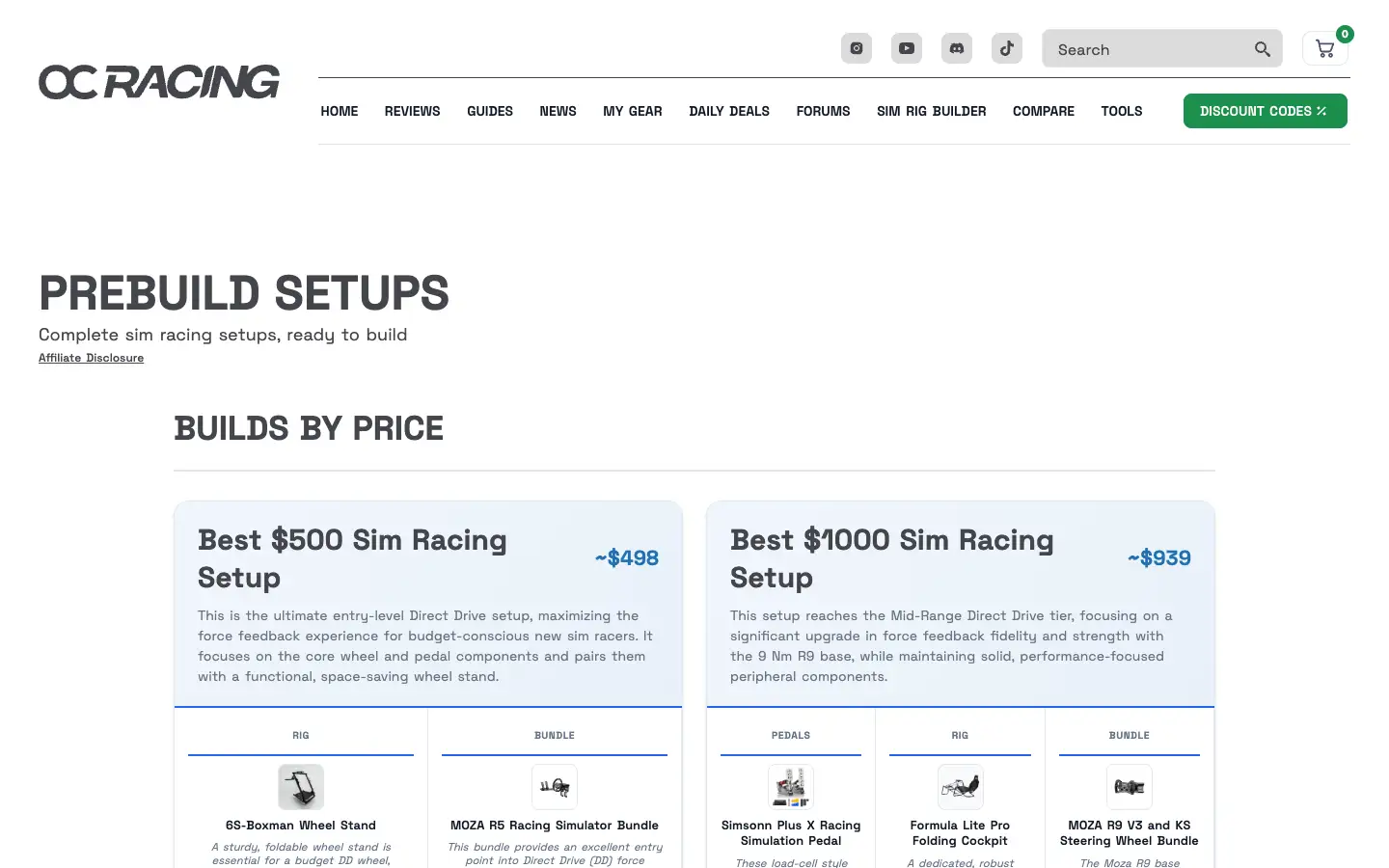 Prebuild setups by price, such as one around 500 and one around 1,000 dollars, each with its components.