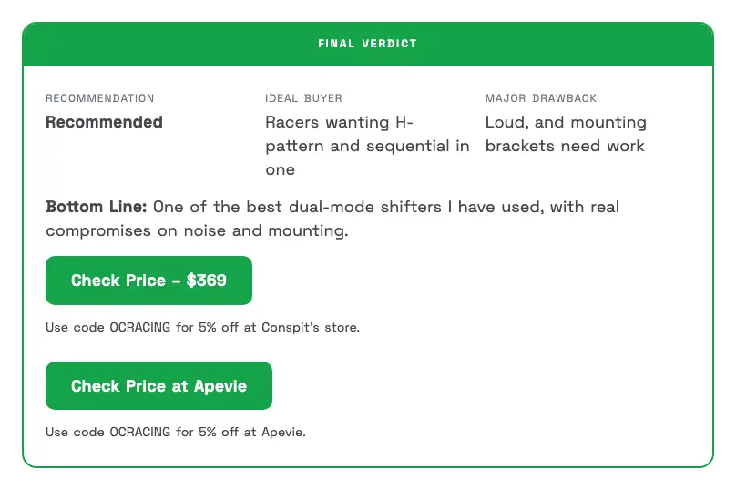 Verdict block with recommendation, ideal buyer, major drawback and two price buttons with discount code notes.