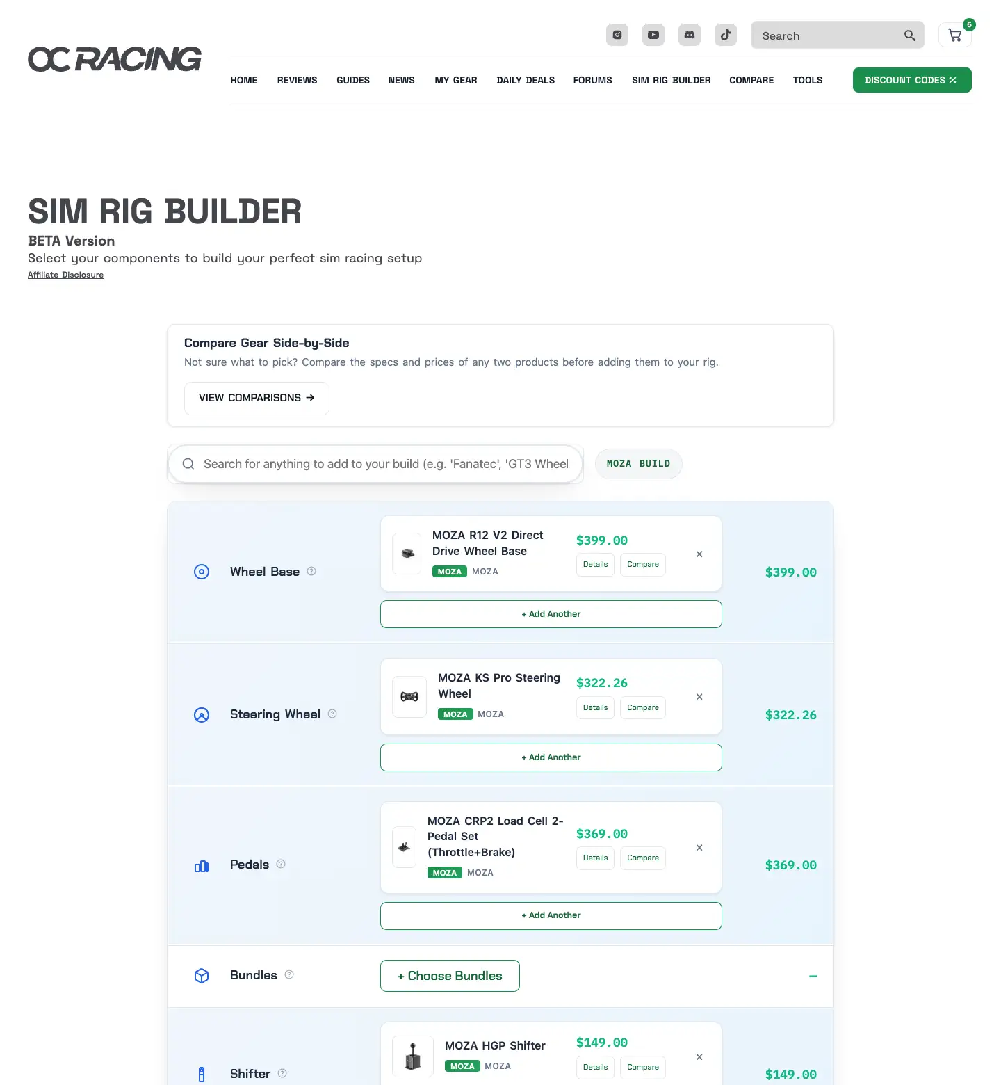 The sim rig configurator with a loaded MOZA setup of wheel base, wheel, pedals, shifter and cockpit with individual prices.