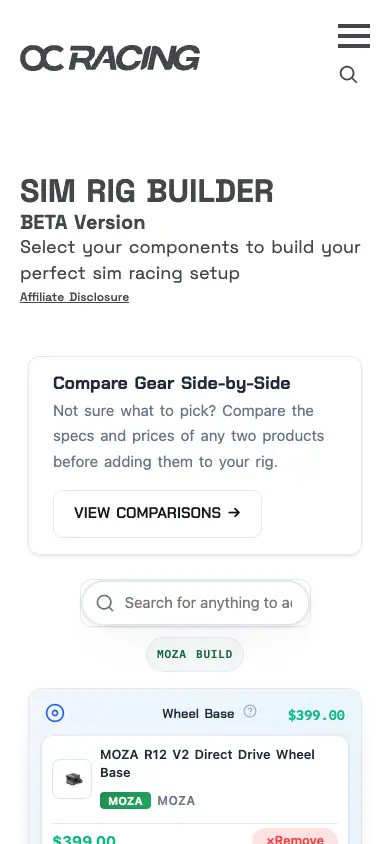 The configurator on a smartphone with search, ecosystem marker and the first component.
