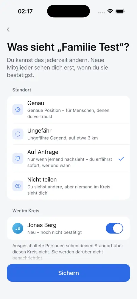 Orbit displays four sharing modes for a private circle: exact, approximate, on request and off.