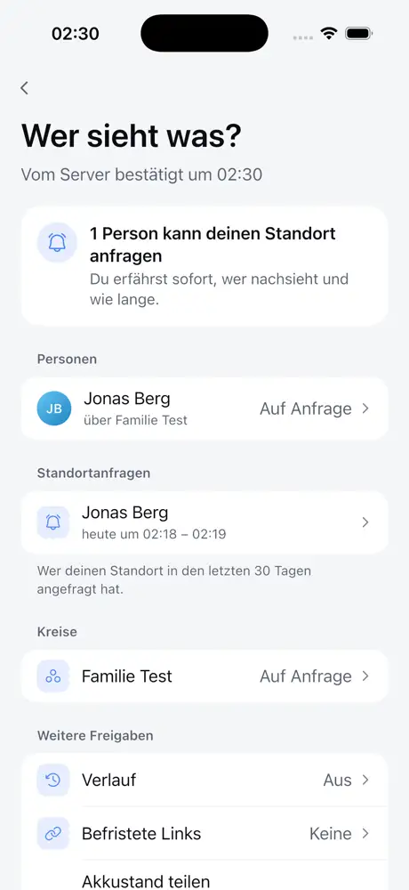 Orbit displays who may request a location and which sharing rules are active.