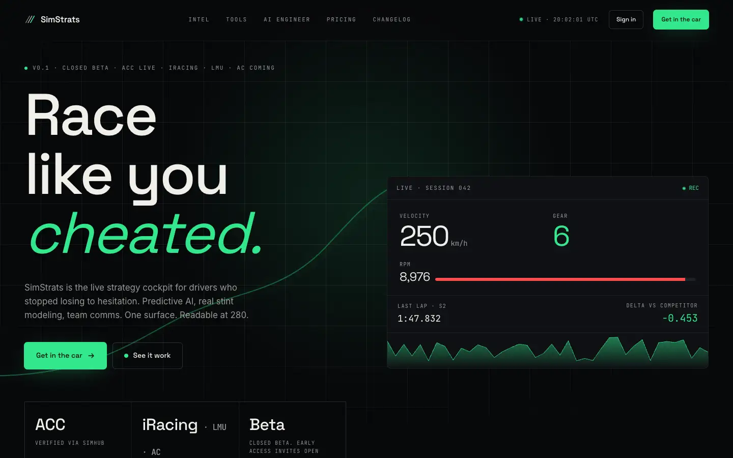 The simstrats.com homepage with the line “Race like you cheated.” and an animated telemetry card.