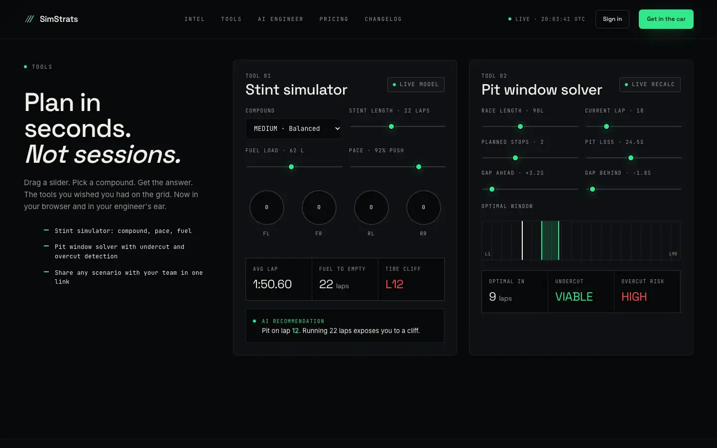 Two calculators on simstrats.com, a stint simulator and a pit window solver with sliders.